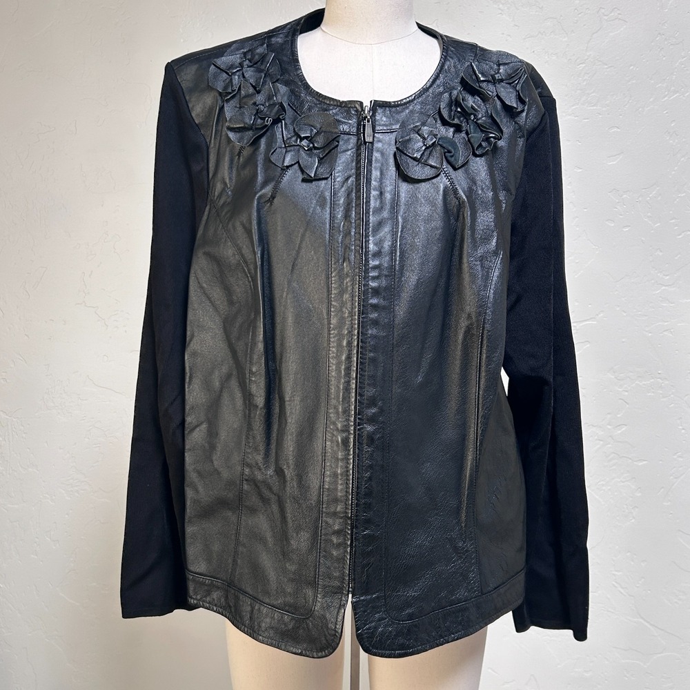 Peter Nygard Leather Floral Jacket Womens L Black Gothic Moto Stretch Knit